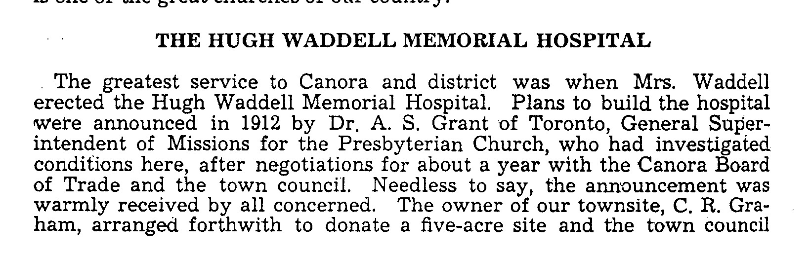 Historical Background on Hugh Waddel Memorial Hospital in Canora Saskatchewan 1